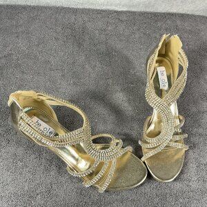 SheSole Shoes Womens Size 9 Gold Rhinestone Strappy Open Toe Zip Back Heels